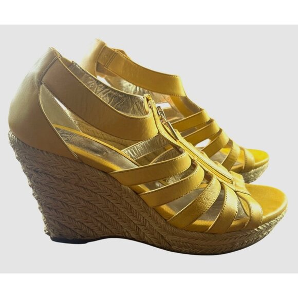 Sofft Euro Soft Espadrille High Heel Wedge Mustard Yellow Leather Sandal 9.5 - Picture 1 of 8